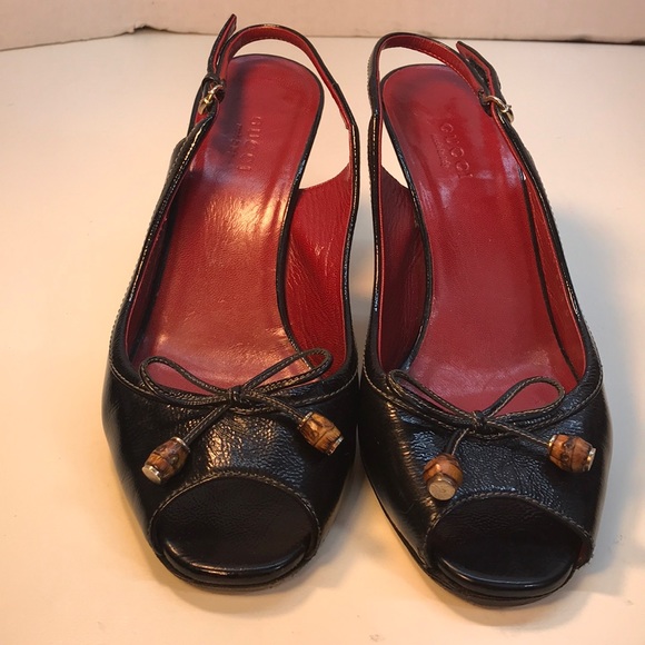 Gucci Black SlingBack OpenToe Leather Heels Sz 7.5 - Picture 2 of 8